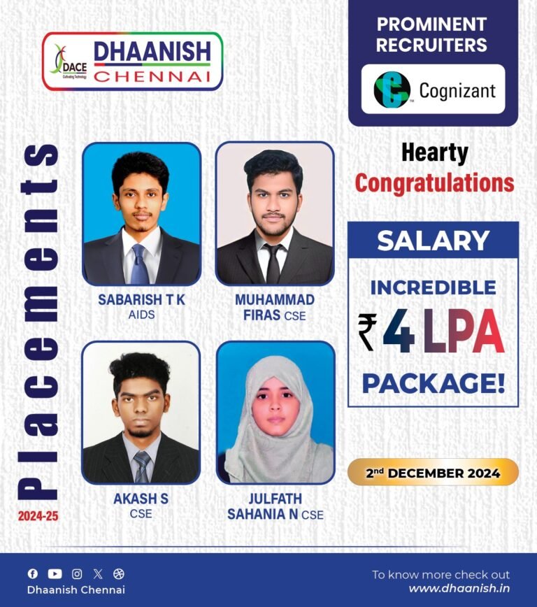 Heartiest congratulations to Sabarish T K (AI&DS), Muhammad Firas (CSE), Akash S (CSE), and Julfath Sahania N (CSE) for securing placements at Cognizant 🎉 with an impressive salary package of ₹4 LPA