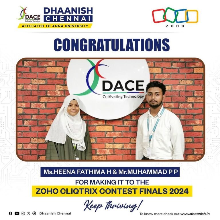 🎉 Congratulations to Ms. Heena Fathima H and Mr. Muhammad P P for making it to the Zoho Cliqtrix Contest Finals 2024! 🌟